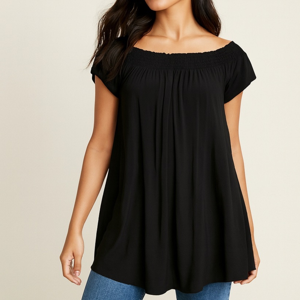 Talula Aritzia Black Smocked Off The Shoulder Pleated Tunic Blouse Top XXS